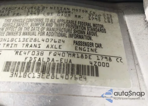 2008 Nissan Versa 1.8S из США, поврежденный, VIN 3N1BC13E28L407624